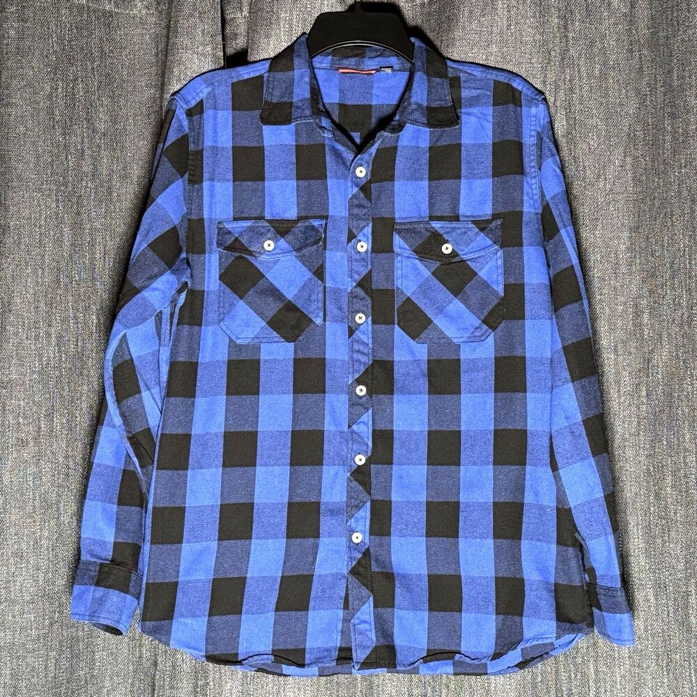 Design in Italy Men's Medium‎ Blue & Black Plaid Flannel Button-Up Shirt Outdoor